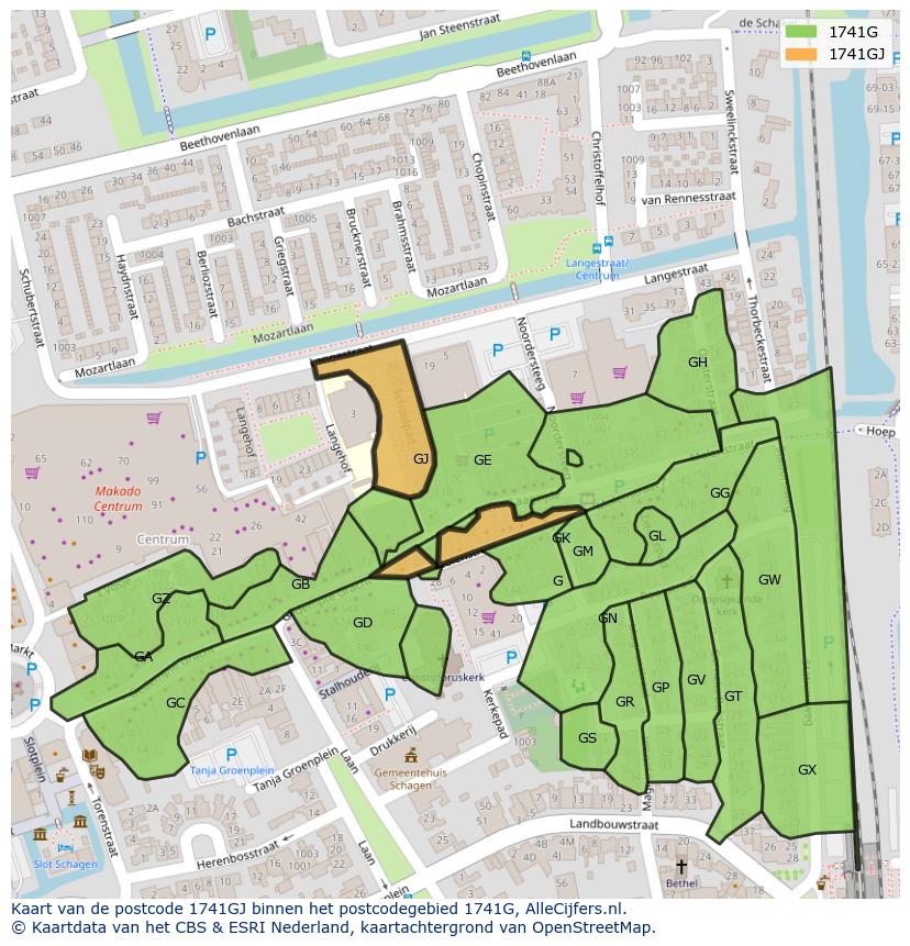 Afbeelding van het postcodegebied 1741 GJ op de kaart.