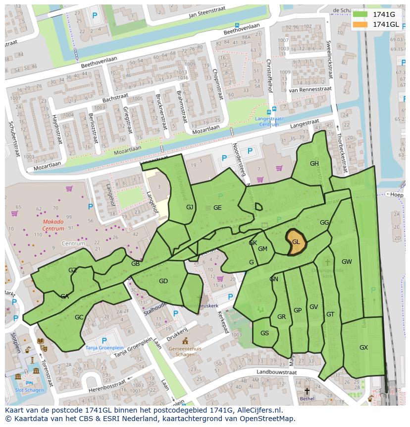 Afbeelding van het postcodegebied 1741 GL op de kaart.