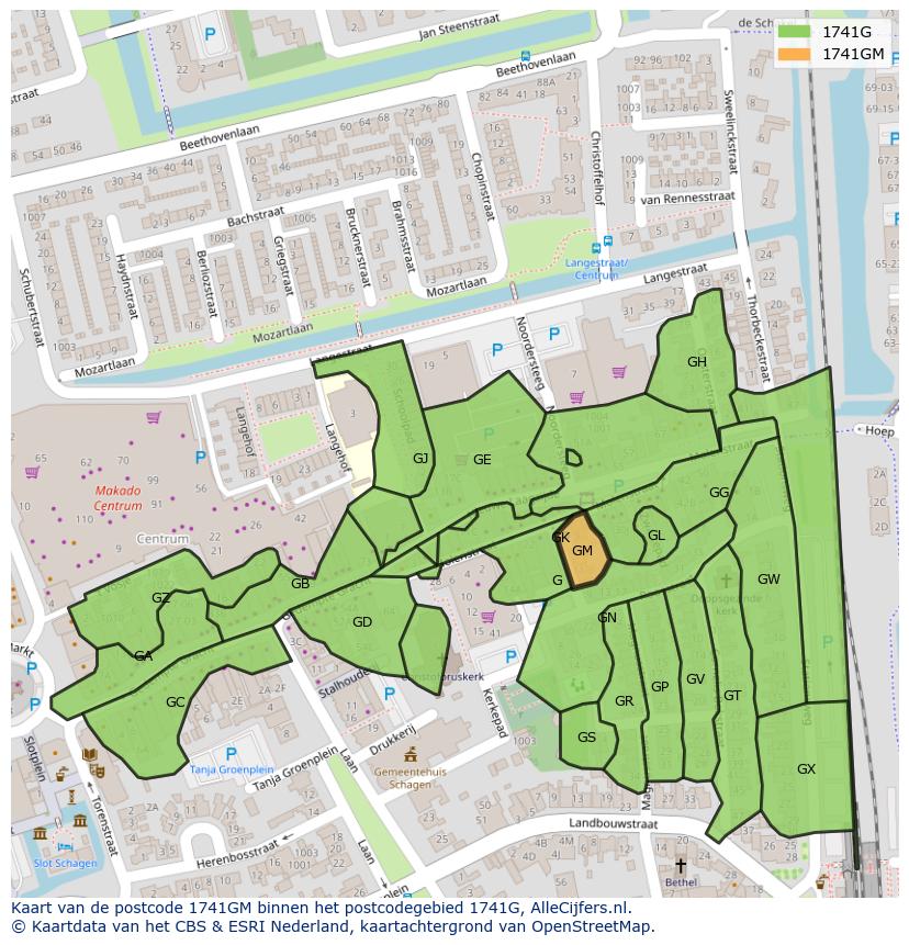 Afbeelding van het postcodegebied 1741 GM op de kaart.