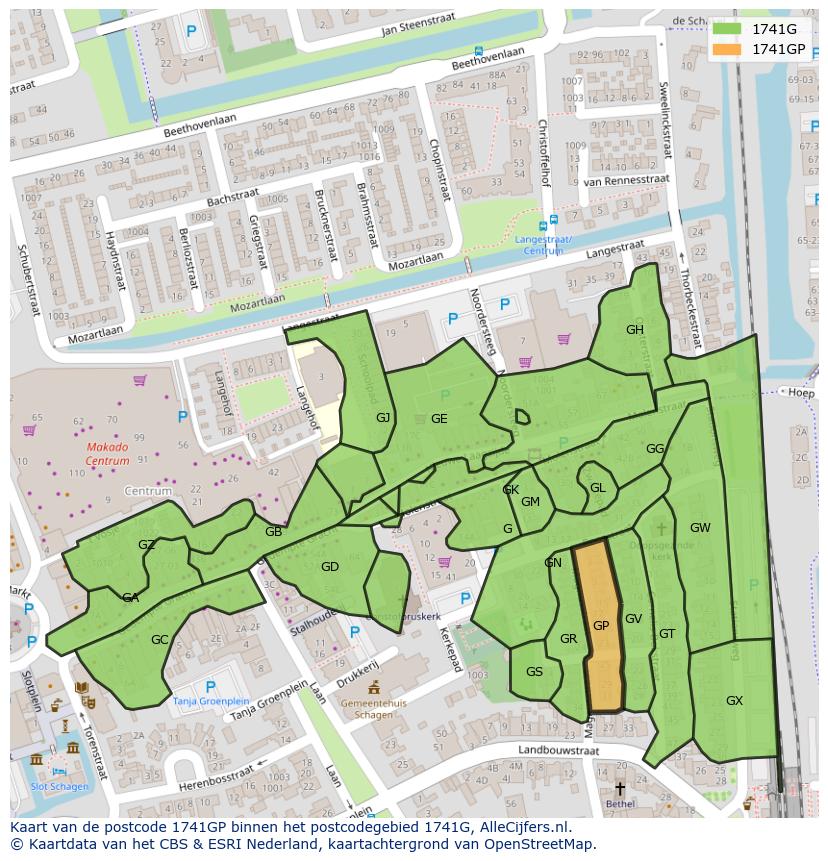 Afbeelding van het postcodegebied 1741 GP op de kaart.