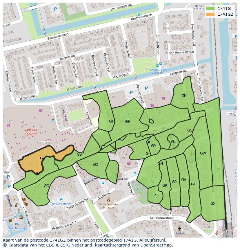 Afbeelding van het postcodegebied 1741 GZ op de kaart.