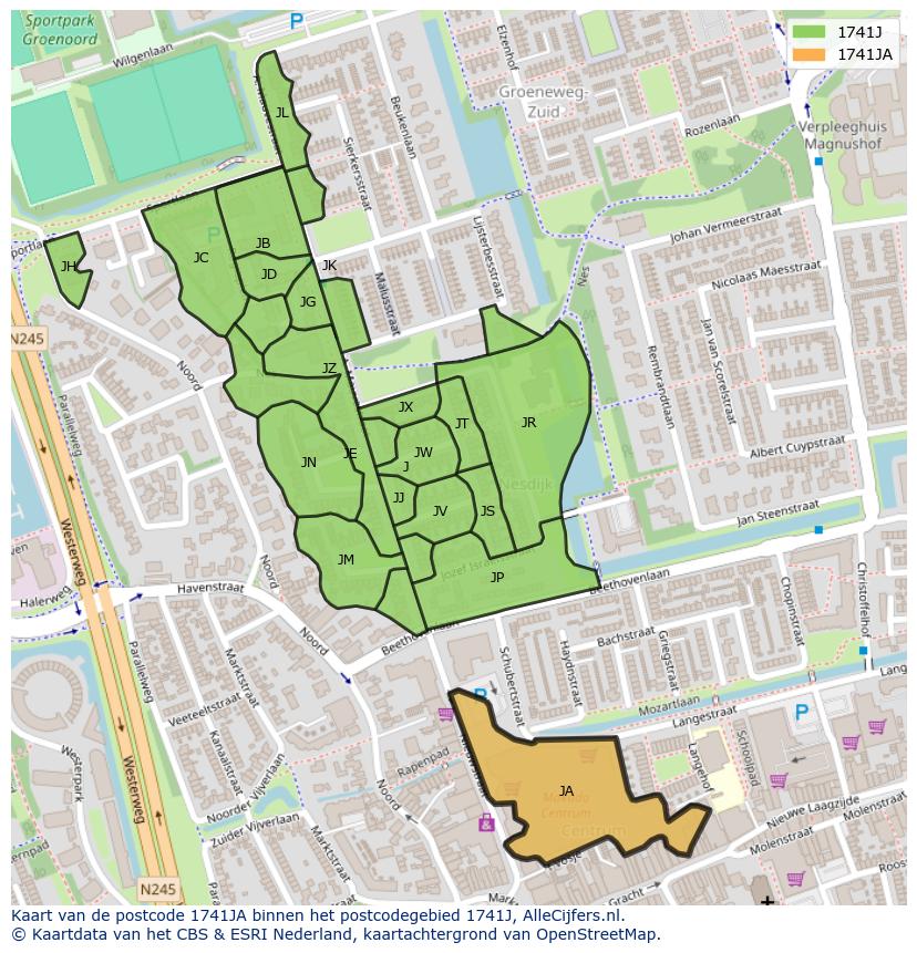Afbeelding van het postcodegebied 1741 JA op de kaart.