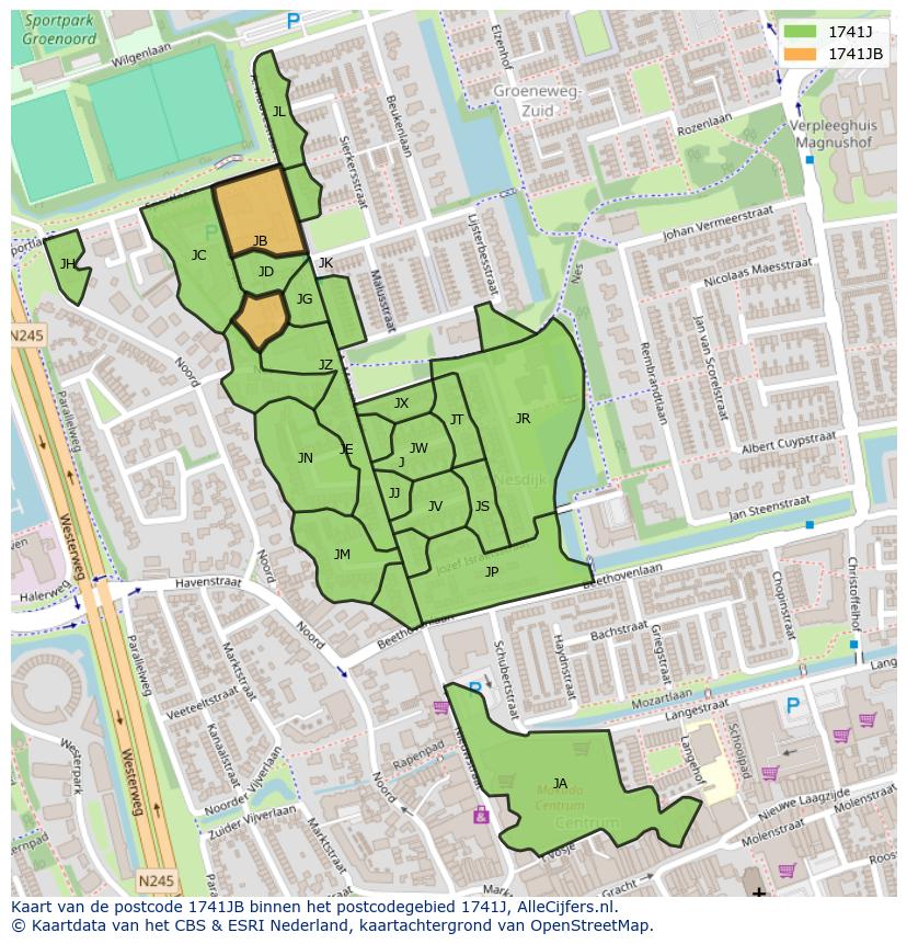 Afbeelding van het postcodegebied 1741 JB op de kaart.