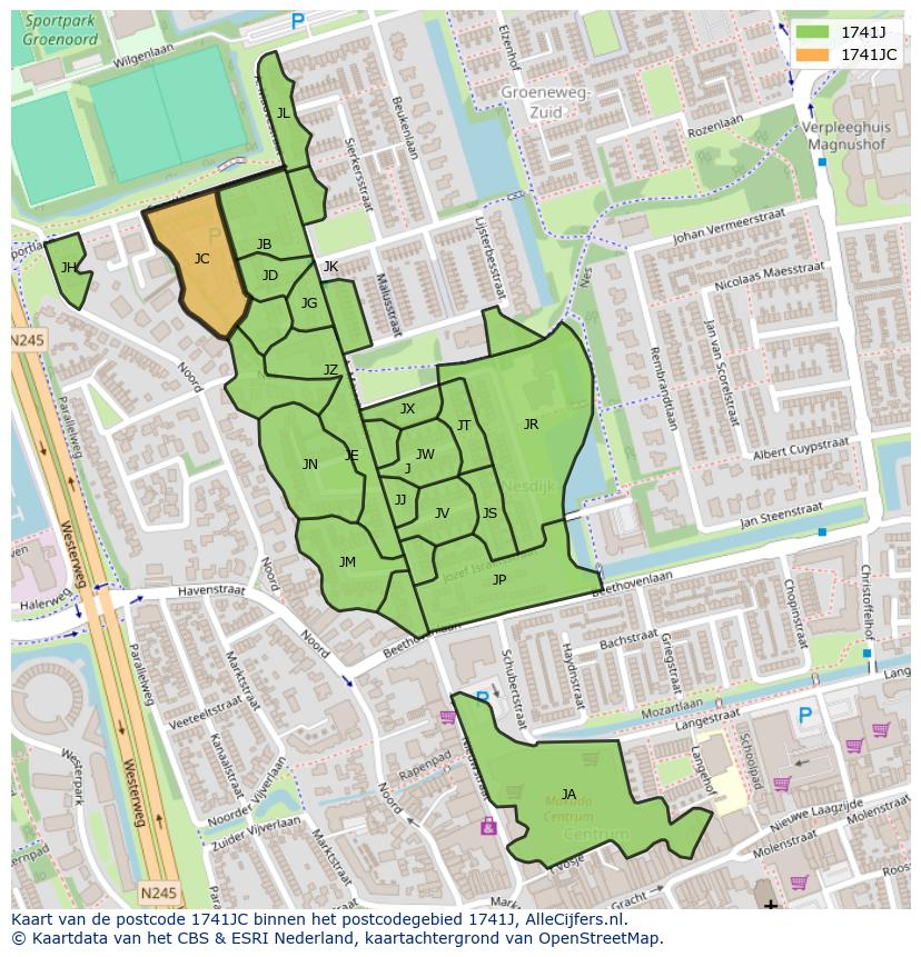 Afbeelding van het postcodegebied 1741 JC op de kaart.