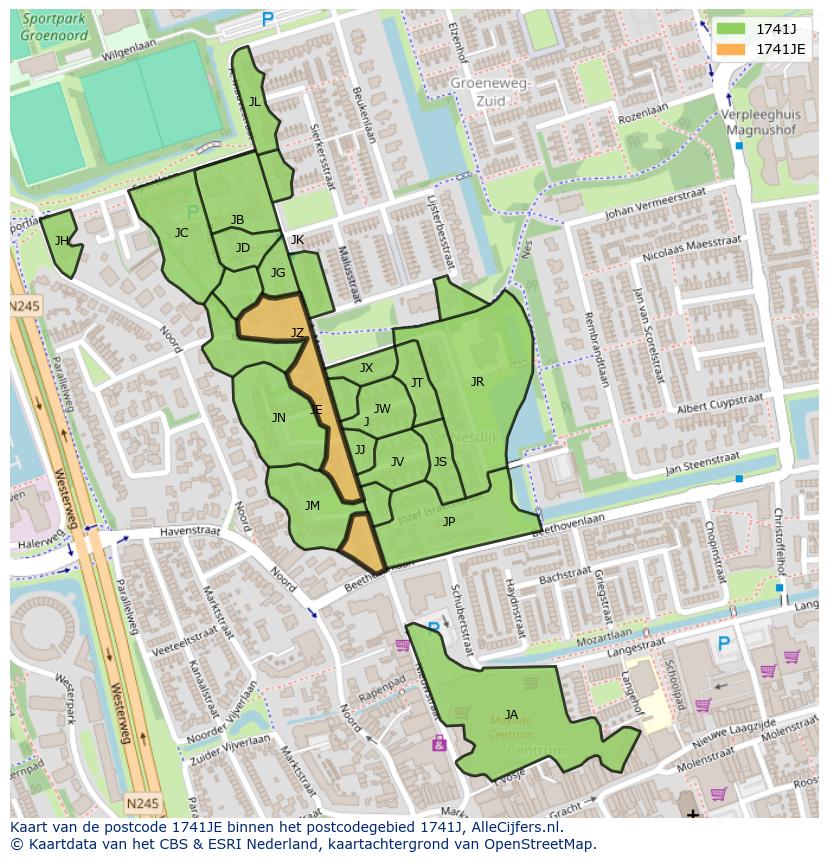 Afbeelding van het postcodegebied 1741 JE op de kaart.