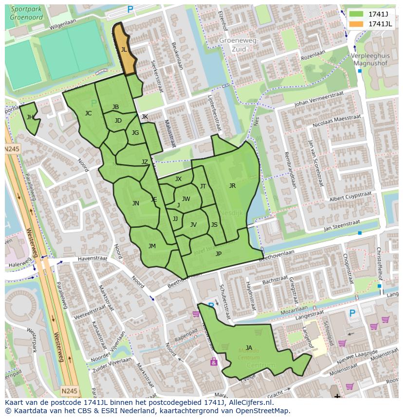 Afbeelding van het postcodegebied 1741 JL op de kaart.