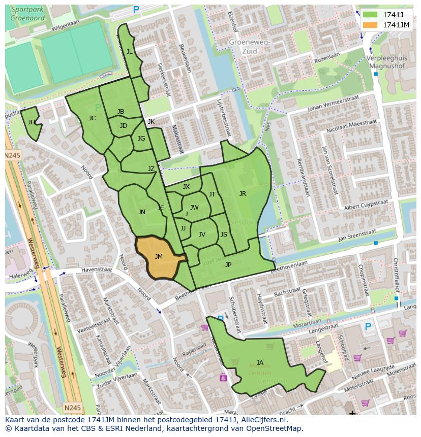 Afbeelding van het postcodegebied 1741 JM op de kaart.
