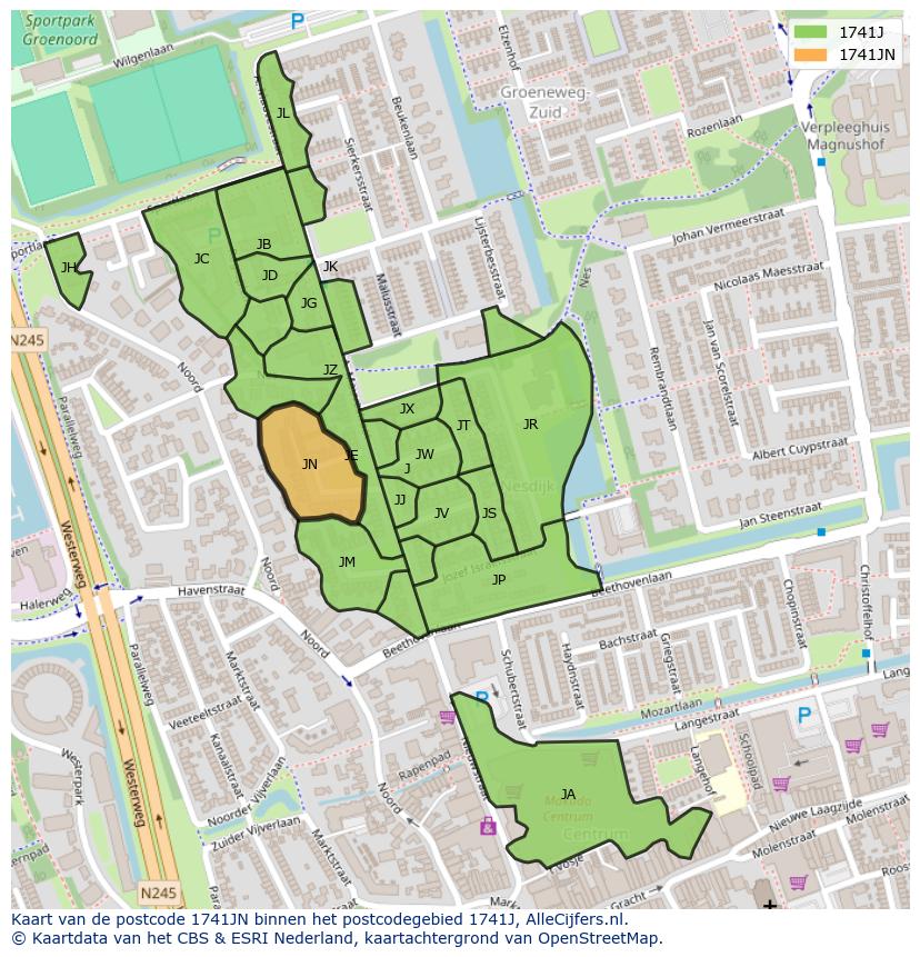 Afbeelding van het postcodegebied 1741 JN op de kaart.
