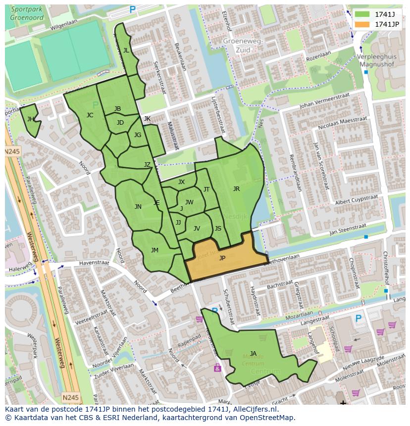 Afbeelding van het postcodegebied 1741 JP op de kaart.