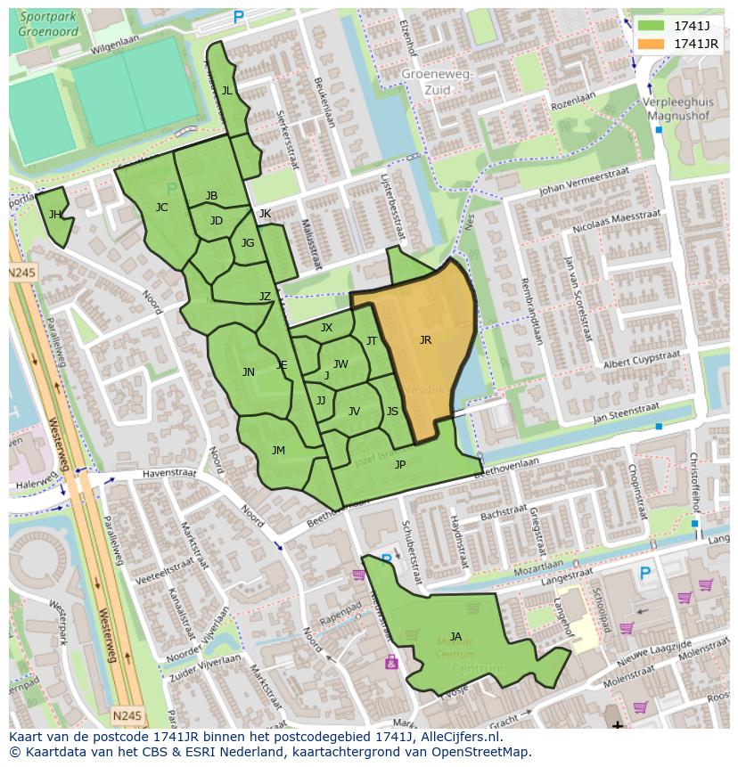 Afbeelding van het postcodegebied 1741 JR op de kaart.