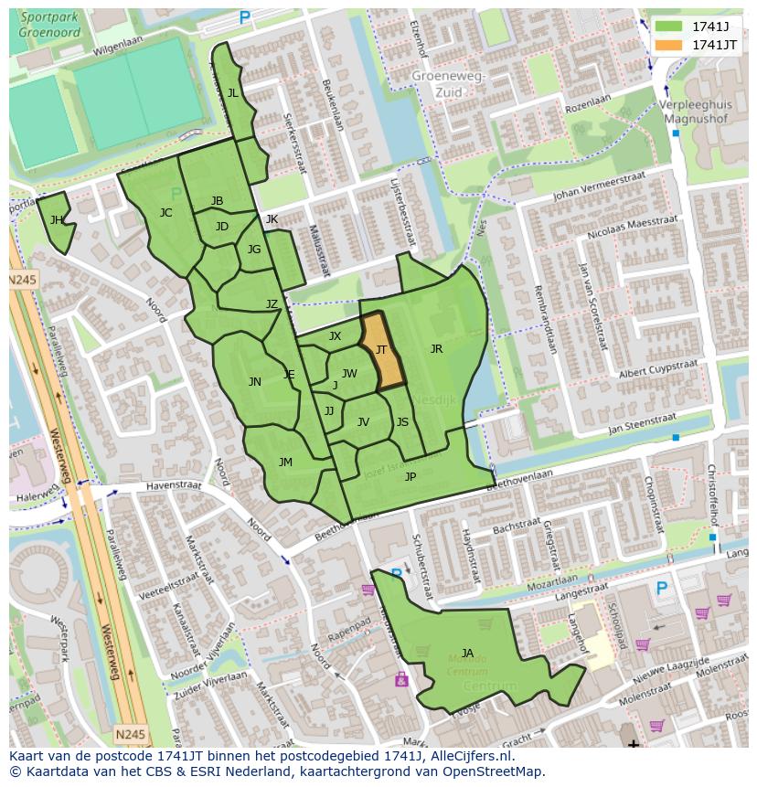 Afbeelding van het postcodegebied 1741 JT op de kaart.