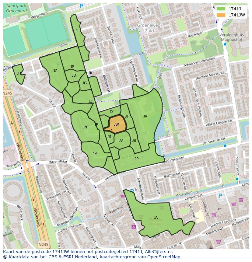 Afbeelding van het postcodegebied 1741 JW op de kaart.