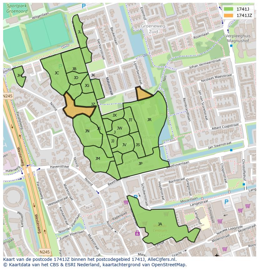 Afbeelding van het postcodegebied 1741 JZ op de kaart.