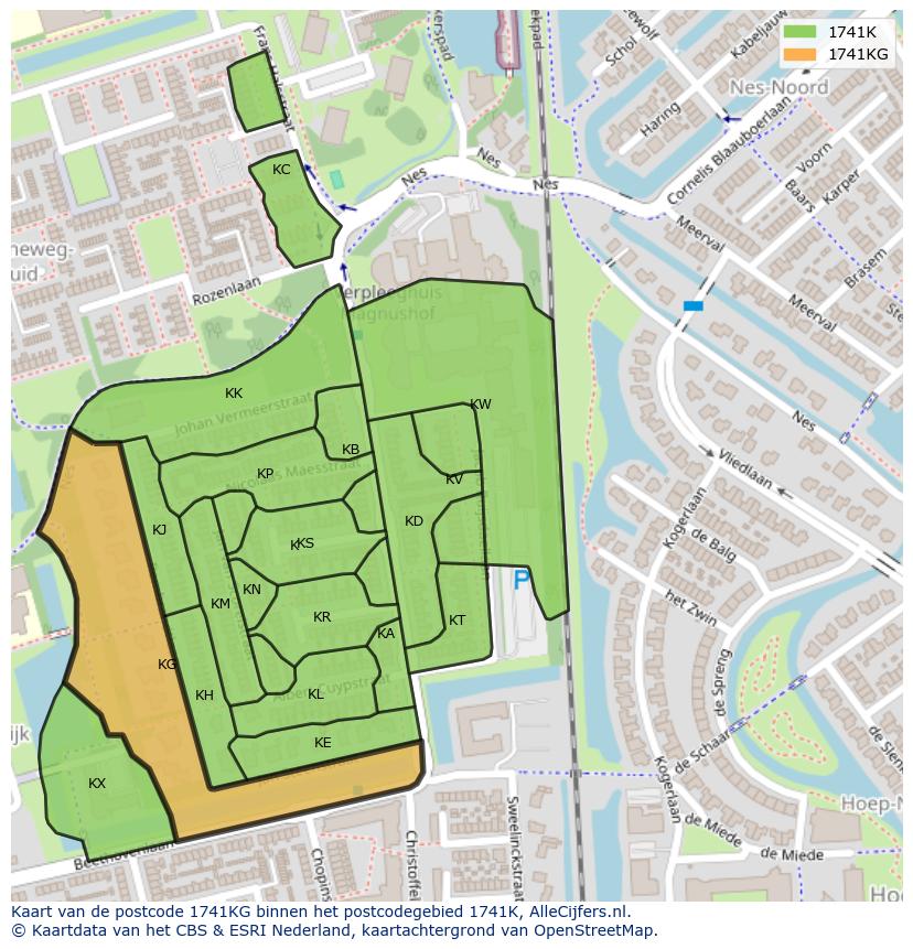Afbeelding van het postcodegebied 1741 KG op de kaart.