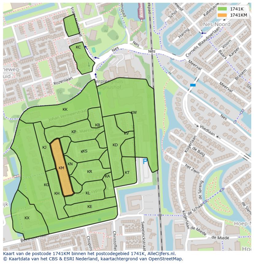 Afbeelding van het postcodegebied 1741 KM op de kaart.