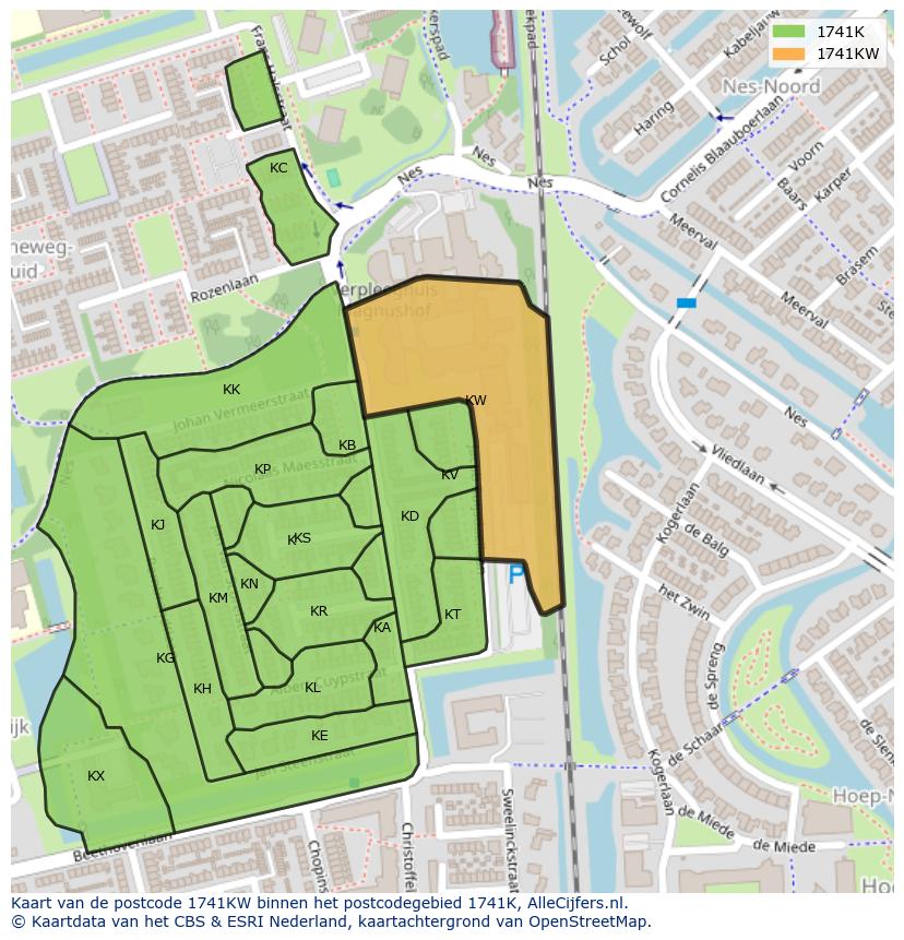 Afbeelding van het postcodegebied 1741 KW op de kaart.