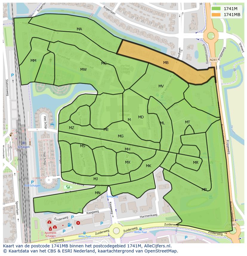 Afbeelding van het postcodegebied 1741 MB op de kaart.
