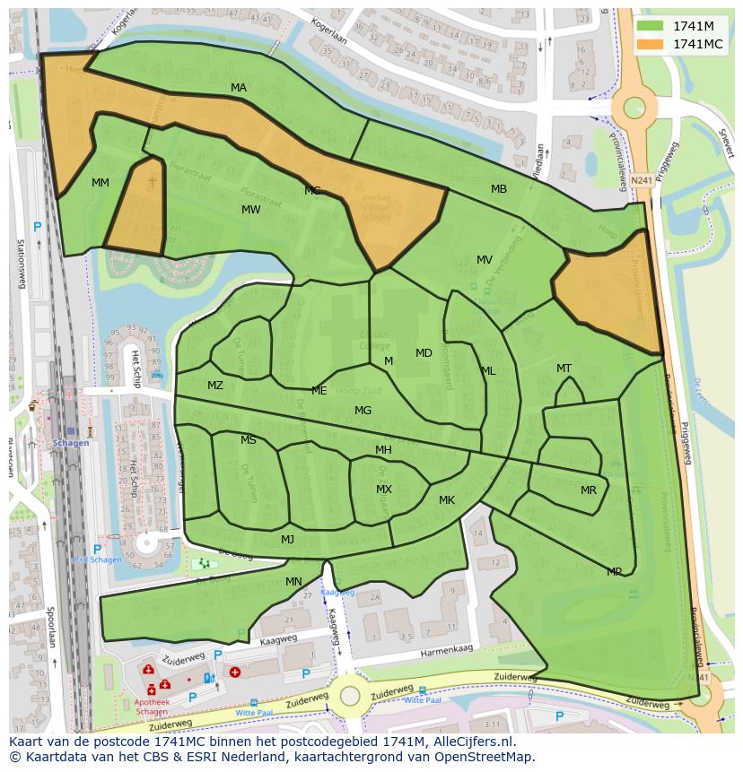 Afbeelding van het postcodegebied 1741 MC op de kaart.