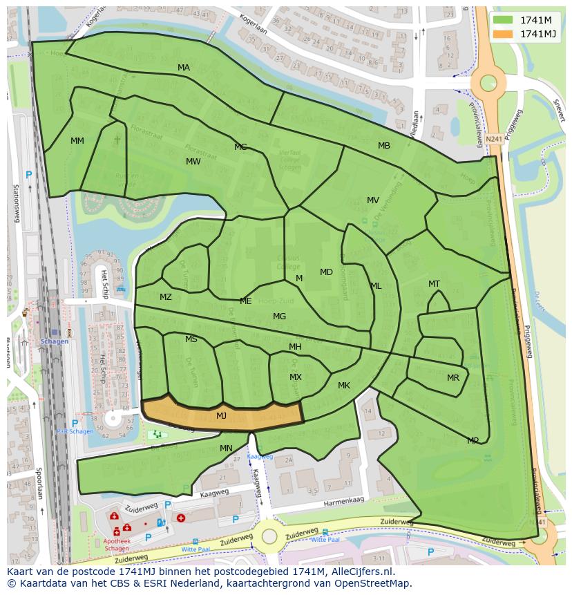 Afbeelding van het postcodegebied 1741 MJ op de kaart.
