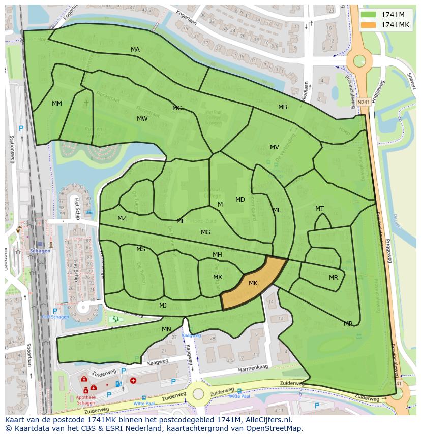 Afbeelding van het postcodegebied 1741 MK op de kaart.