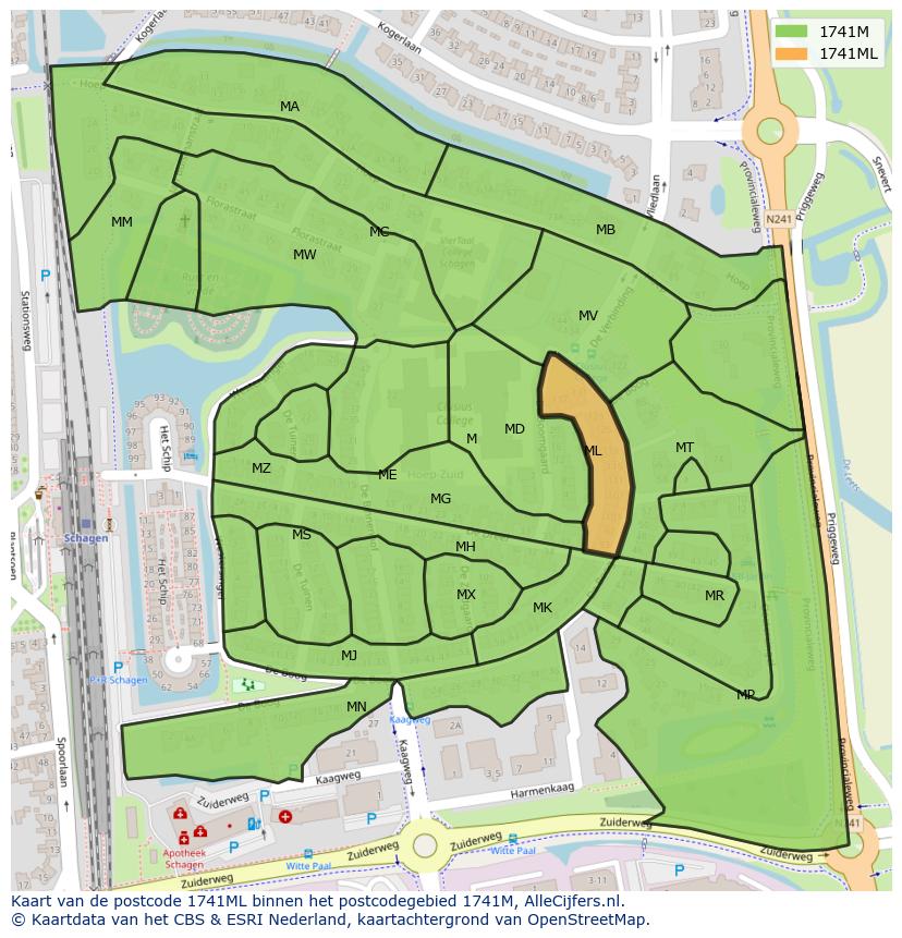 Afbeelding van het postcodegebied 1741 ML op de kaart.
