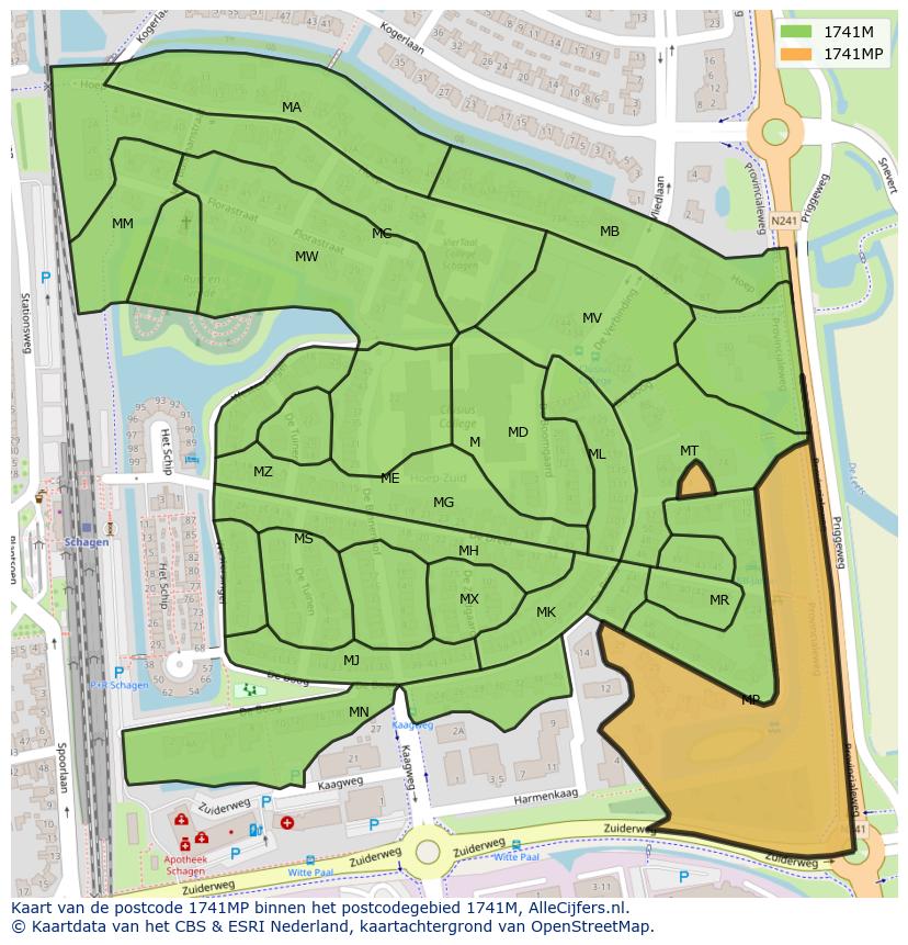 Afbeelding van het postcodegebied 1741 MP op de kaart.