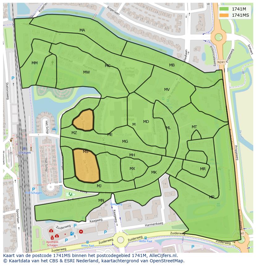 Afbeelding van het postcodegebied 1741 MS op de kaart.