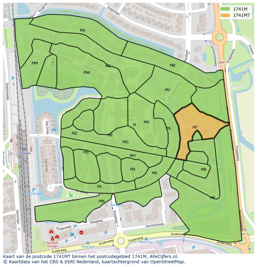 Afbeelding van het postcodegebied 1741 MT op de kaart.