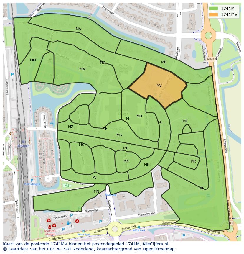 Afbeelding van het postcodegebied 1741 MV op de kaart.