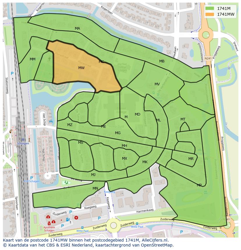 Afbeelding van het postcodegebied 1741 MW op de kaart.
