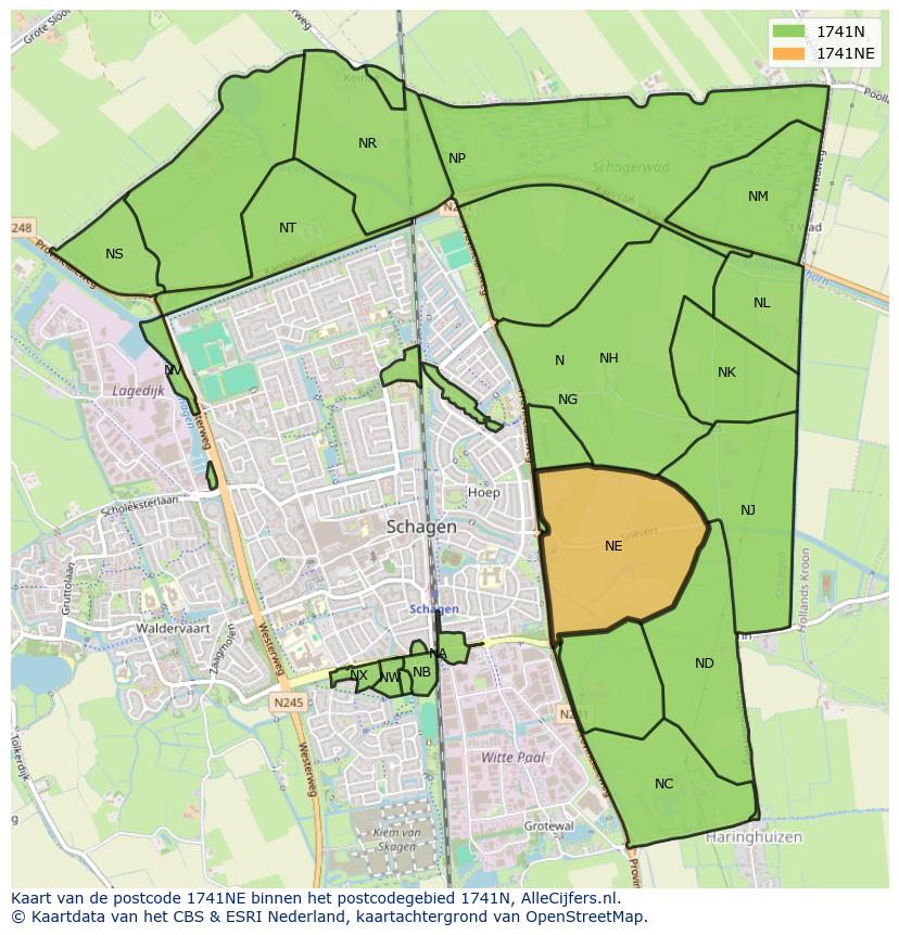 Afbeelding van het postcodegebied 1741 NE op de kaart.