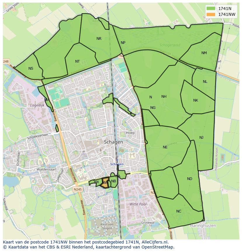 Afbeelding van het postcodegebied 1741 NW op de kaart.