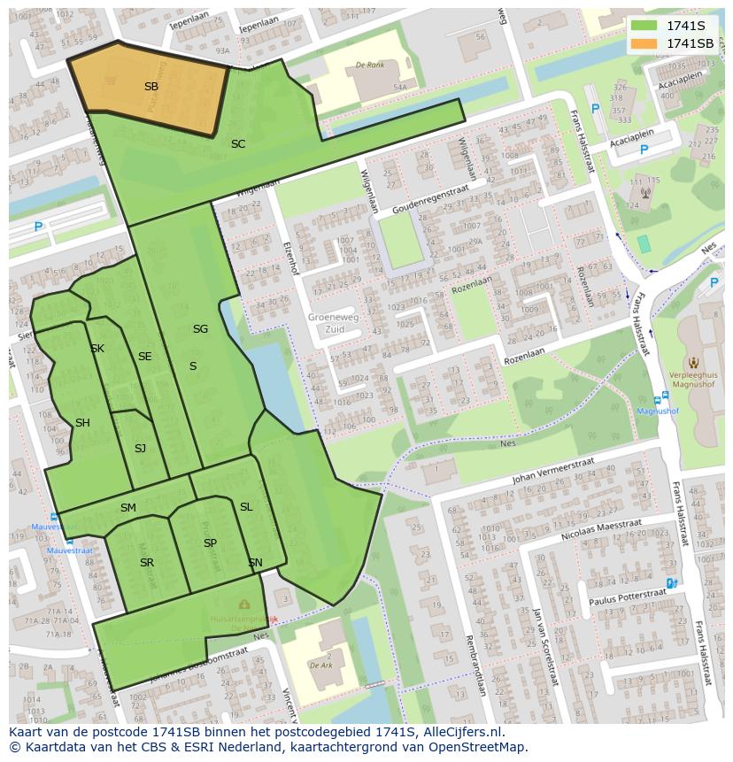Afbeelding van het postcodegebied 1741 SB op de kaart.