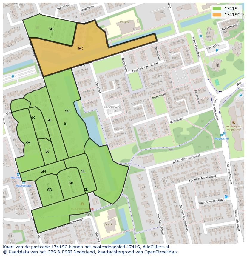 Afbeelding van het postcodegebied 1741 SC op de kaart.