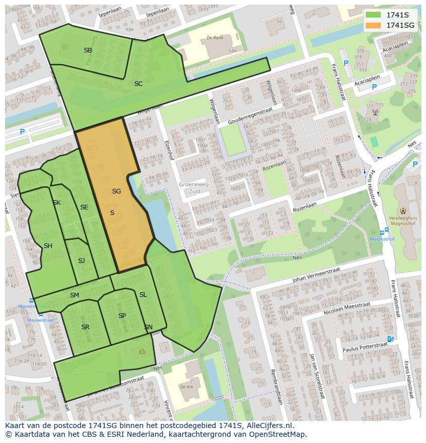 Afbeelding van het postcodegebied 1741 SG op de kaart.