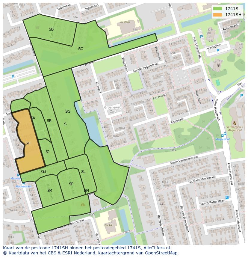 Afbeelding van het postcodegebied 1741 SH op de kaart.