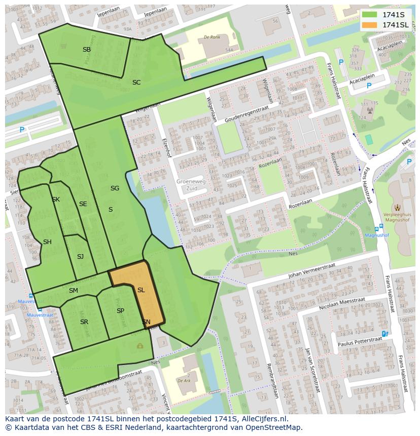 Afbeelding van het postcodegebied 1741 SL op de kaart.