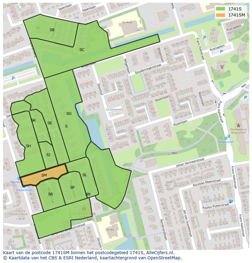 Afbeelding van het postcodegebied 1741 SM op de kaart.