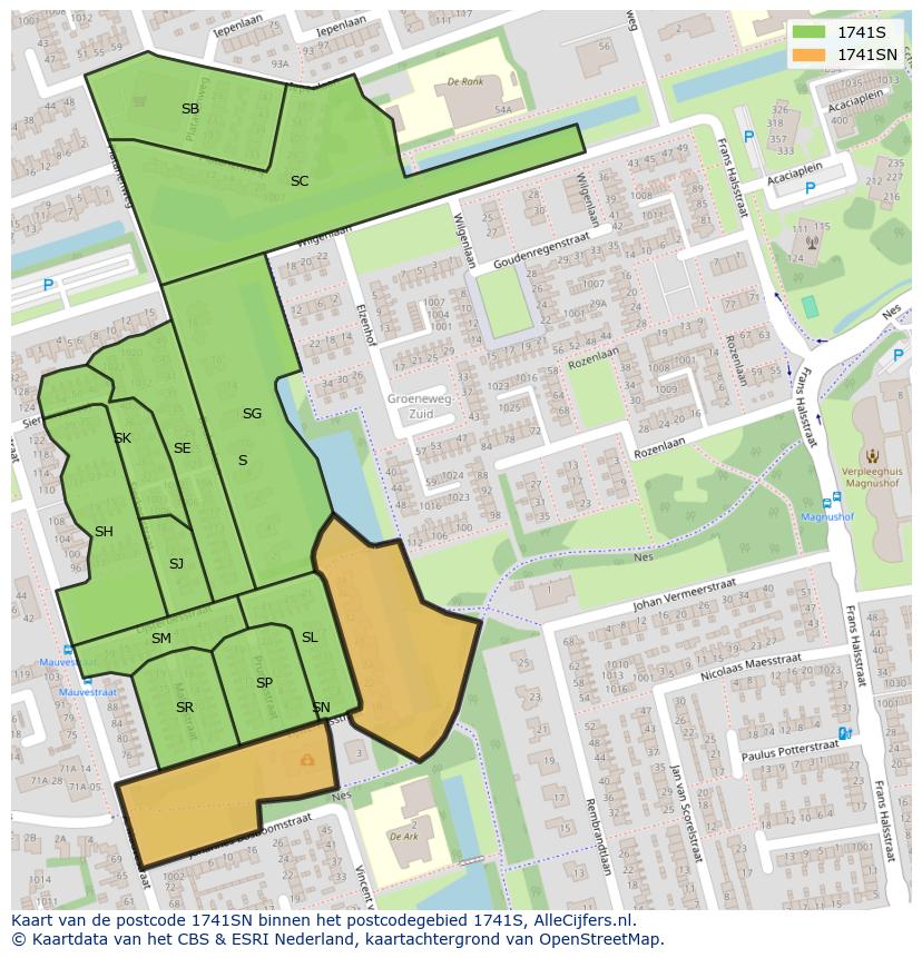 Afbeelding van het postcodegebied 1741 SN op de kaart.
