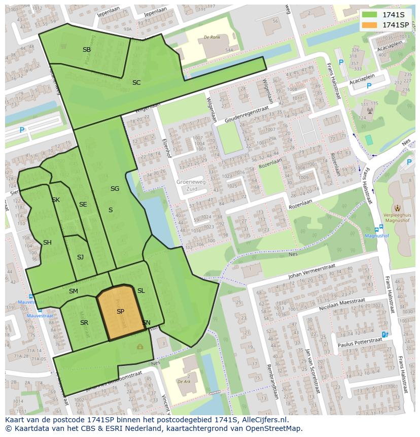 Afbeelding van het postcodegebied 1741 SP op de kaart.