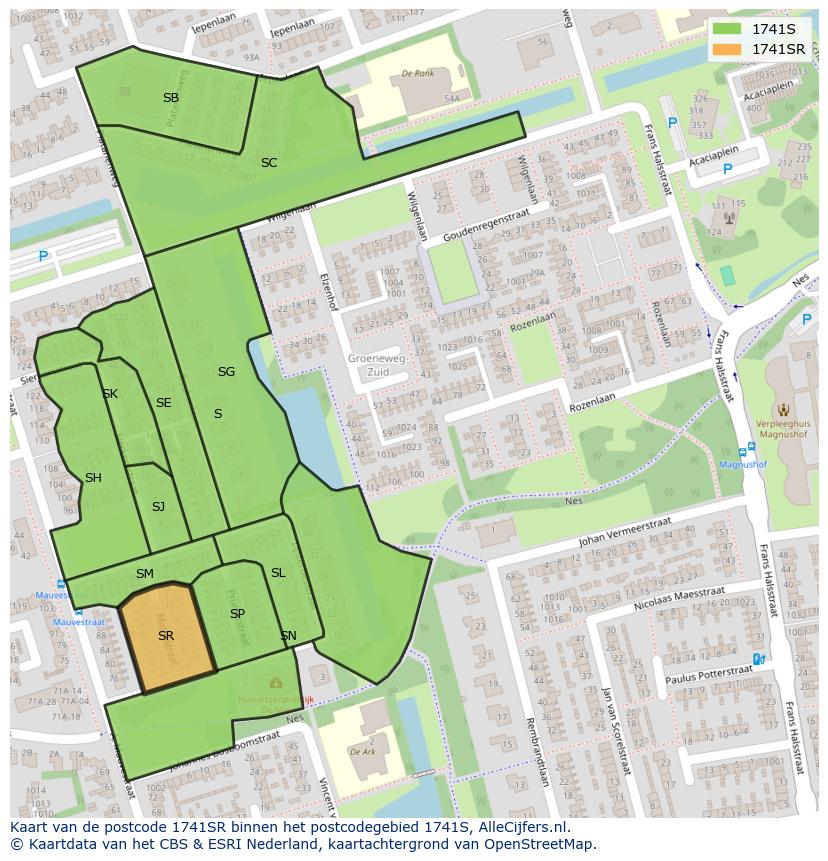 Afbeelding van het postcodegebied 1741 SR op de kaart.