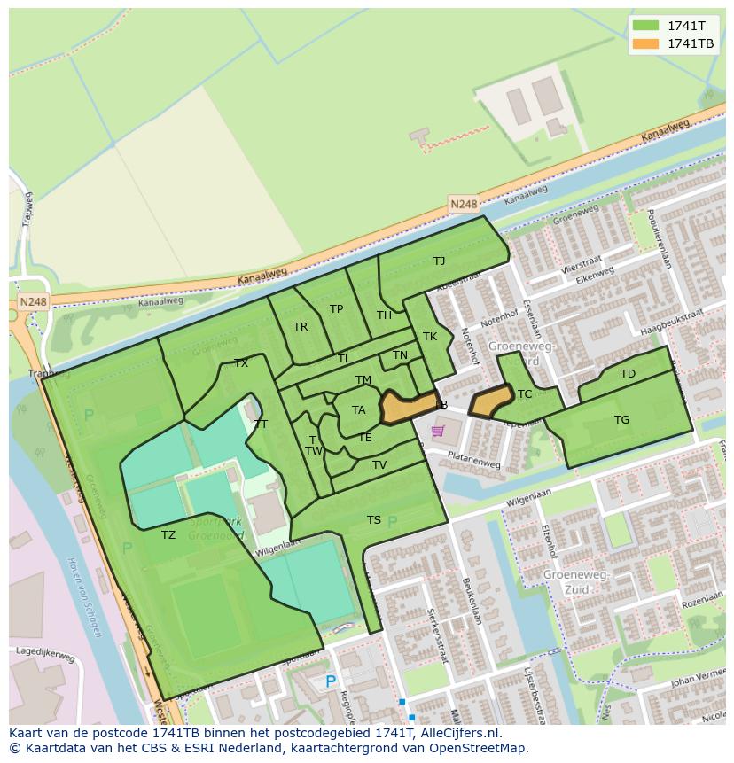 Afbeelding van het postcodegebied 1741 TB op de kaart.