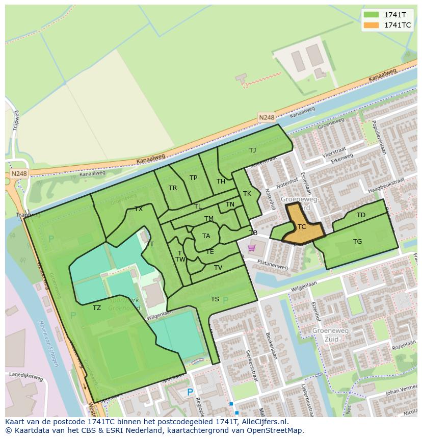 Afbeelding van het postcodegebied 1741 TC op de kaart.