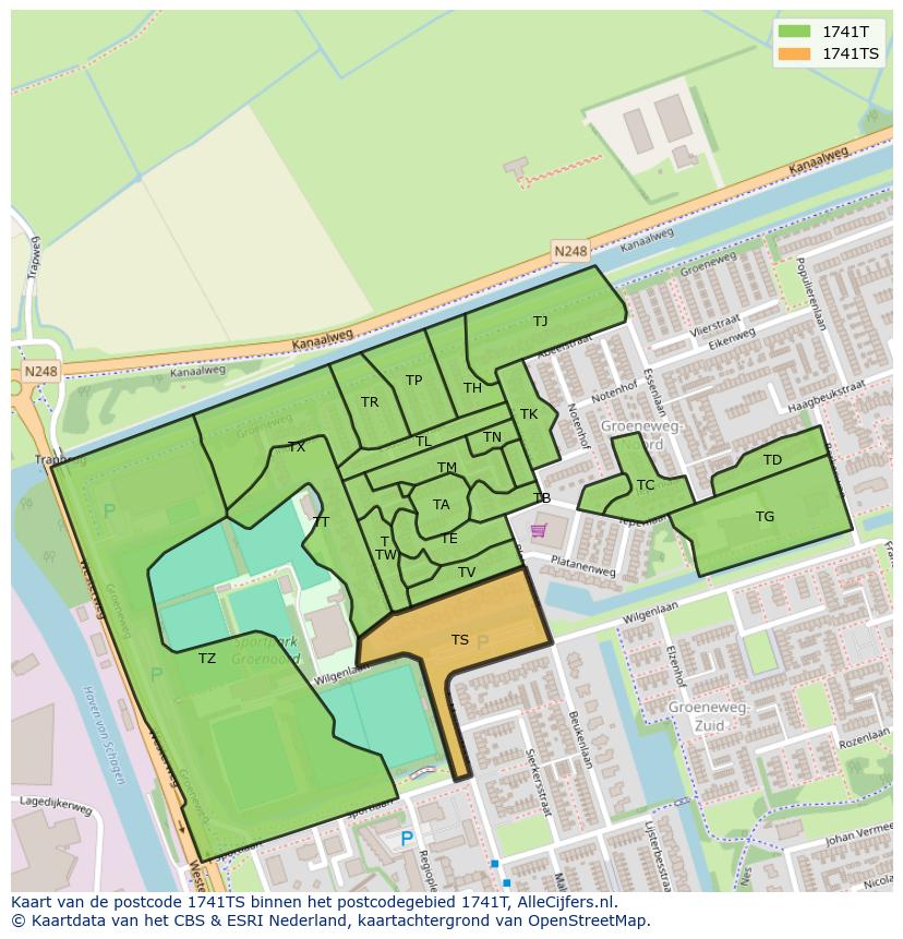 Afbeelding van het postcodegebied 1741 TS op de kaart.