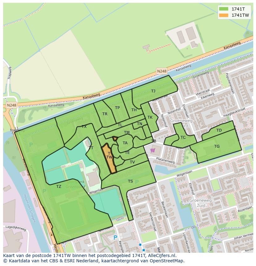 Afbeelding van het postcodegebied 1741 TW op de kaart.