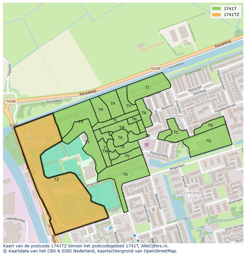 Afbeelding van het postcodegebied 1741 TZ op de kaart.