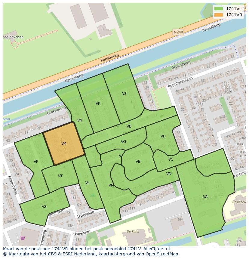 Afbeelding van het postcodegebied 1741 VR op de kaart.