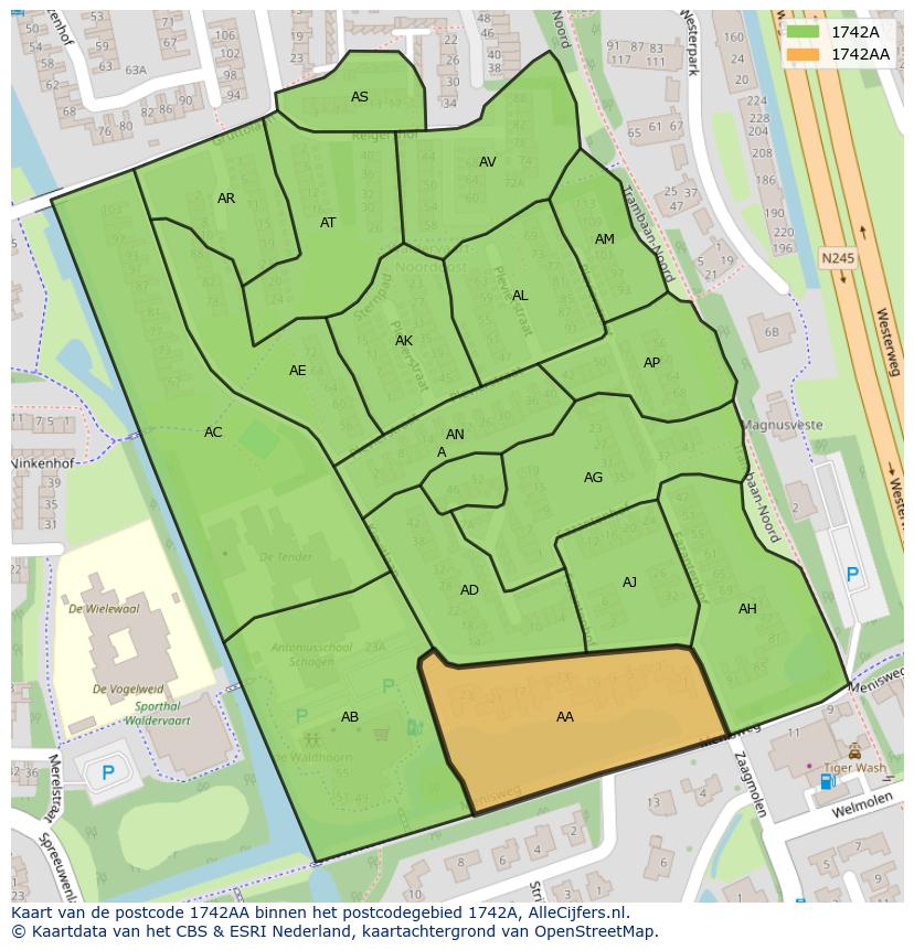 Afbeelding van het postcodegebied 1742 AA op de kaart.