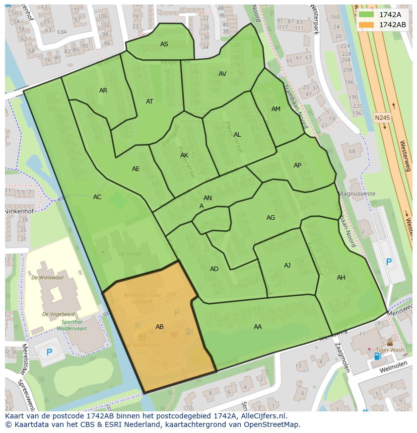 Afbeelding van het postcodegebied 1742 AB op de kaart.