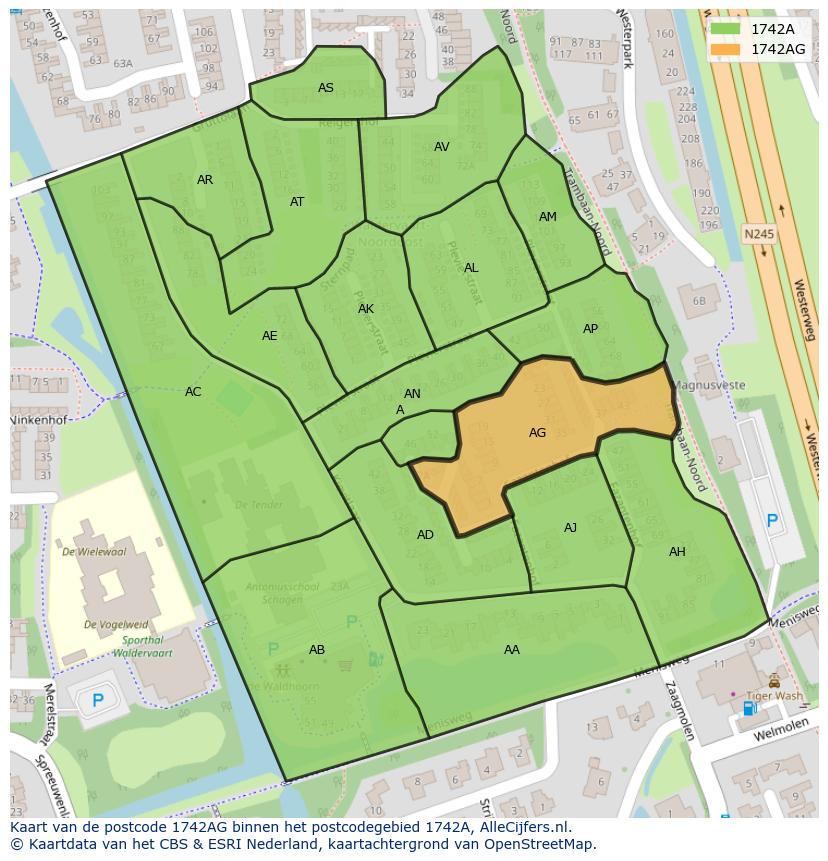 Afbeelding van het postcodegebied 1742 AG op de kaart.